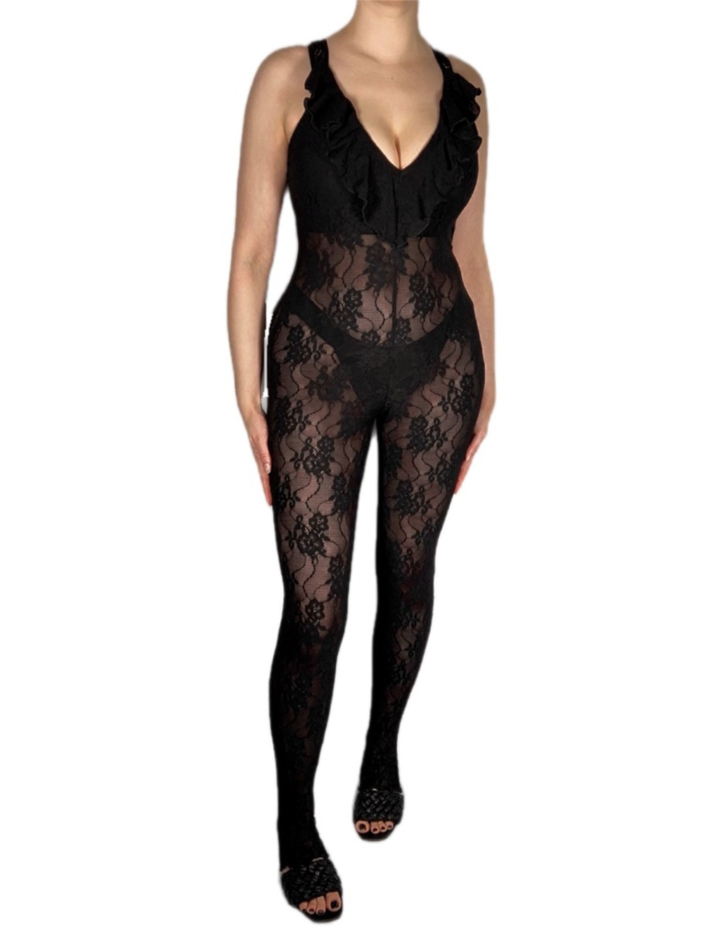 WhoWhatWear Black Lace Ruffled V-Neck Bodysuit Jumpsuit NWT
